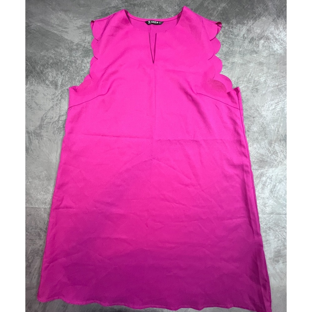 SheIn Shift Dress Womens Large Vibrant Pink Stretchy Scalloped Edges Split Neck